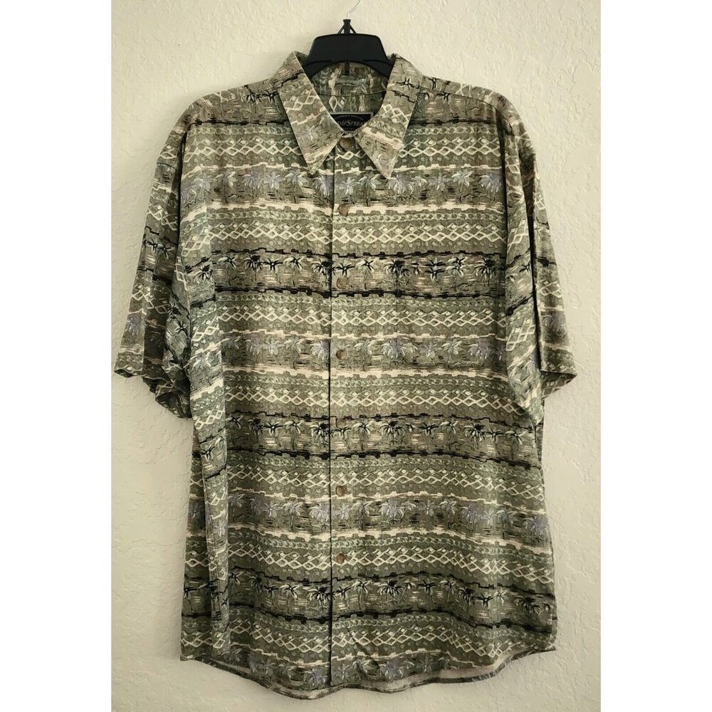 Shirt-Men-Field and Stream-Short Sleeve-100% Silk-Green-Light Weight-Size Large